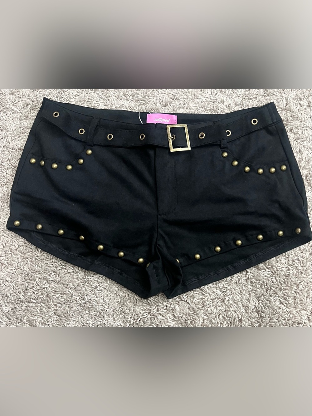 NWT Studded Faux Suede Micro Shorts Black Gold Belt Y2K Size Small